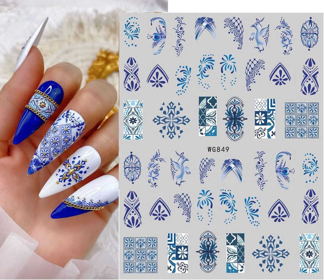 8 Sheets Blue and White Porcelain Nail Art Stickers Decals Self-Adhesive Pegatinas Para U&ntilde;as Retro Elements Tiger Lion Dragon Flowers Design Manicure Tips Nail Decoration for Women Girls - White,Yellow image number 6