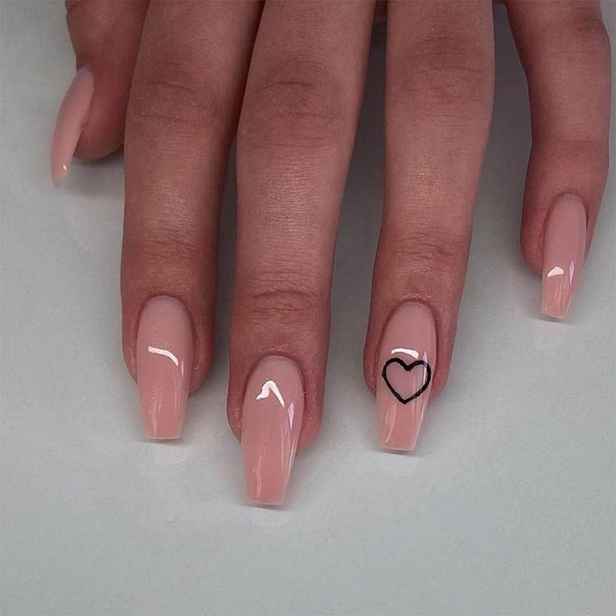 Bufenia Short Coffin Press on Nails Nude Color False Nails Glossy Heart Fake Nails Bellarina Acrylic Stick on Nails 24Pcs for Women and Girls image number 5