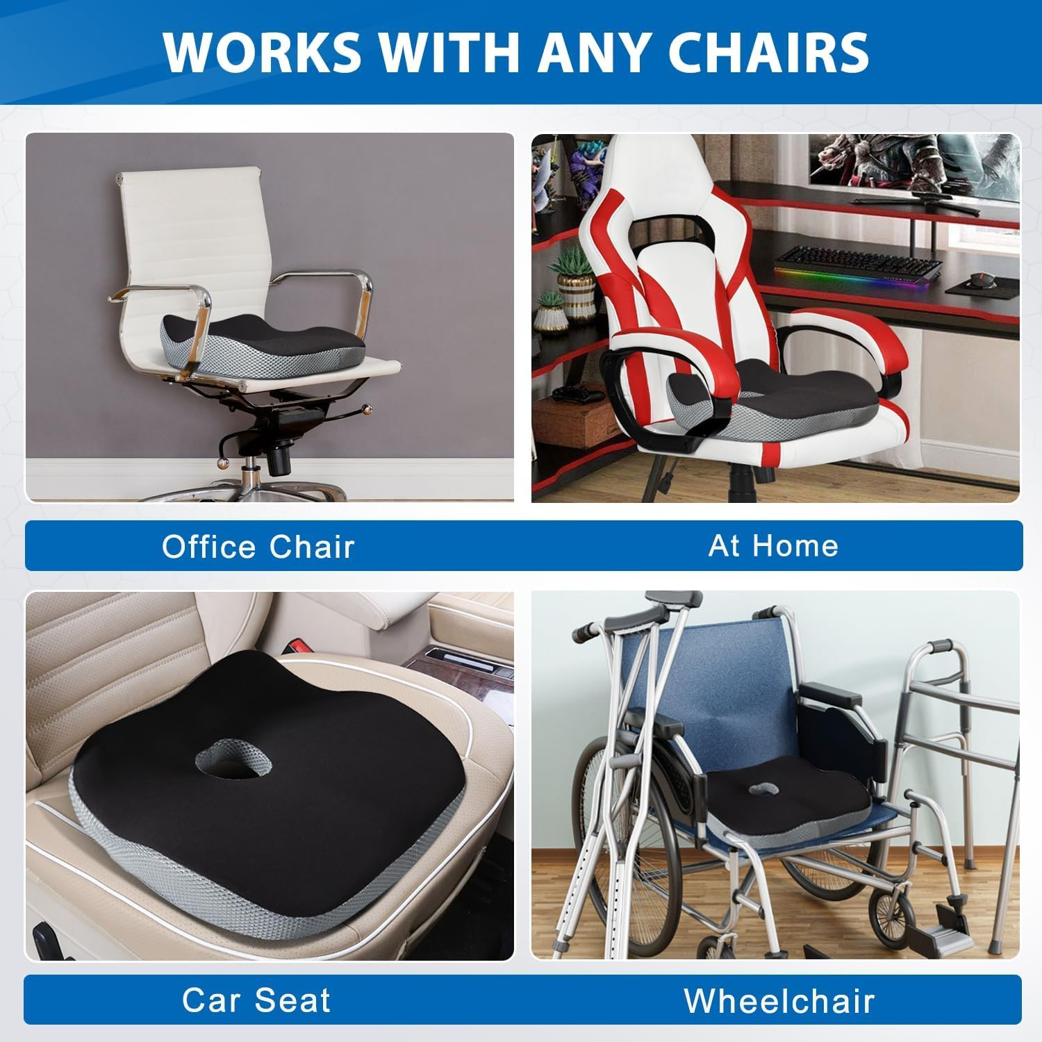 Large Seat Cushion, Memory Foam Coccyx Pain Relief Pillow for Office Chair & Car, Ergonomic Support for Sciatica, Tailbone & Hip Pain, Non-Slip Comfort for Wheelchair image number 4