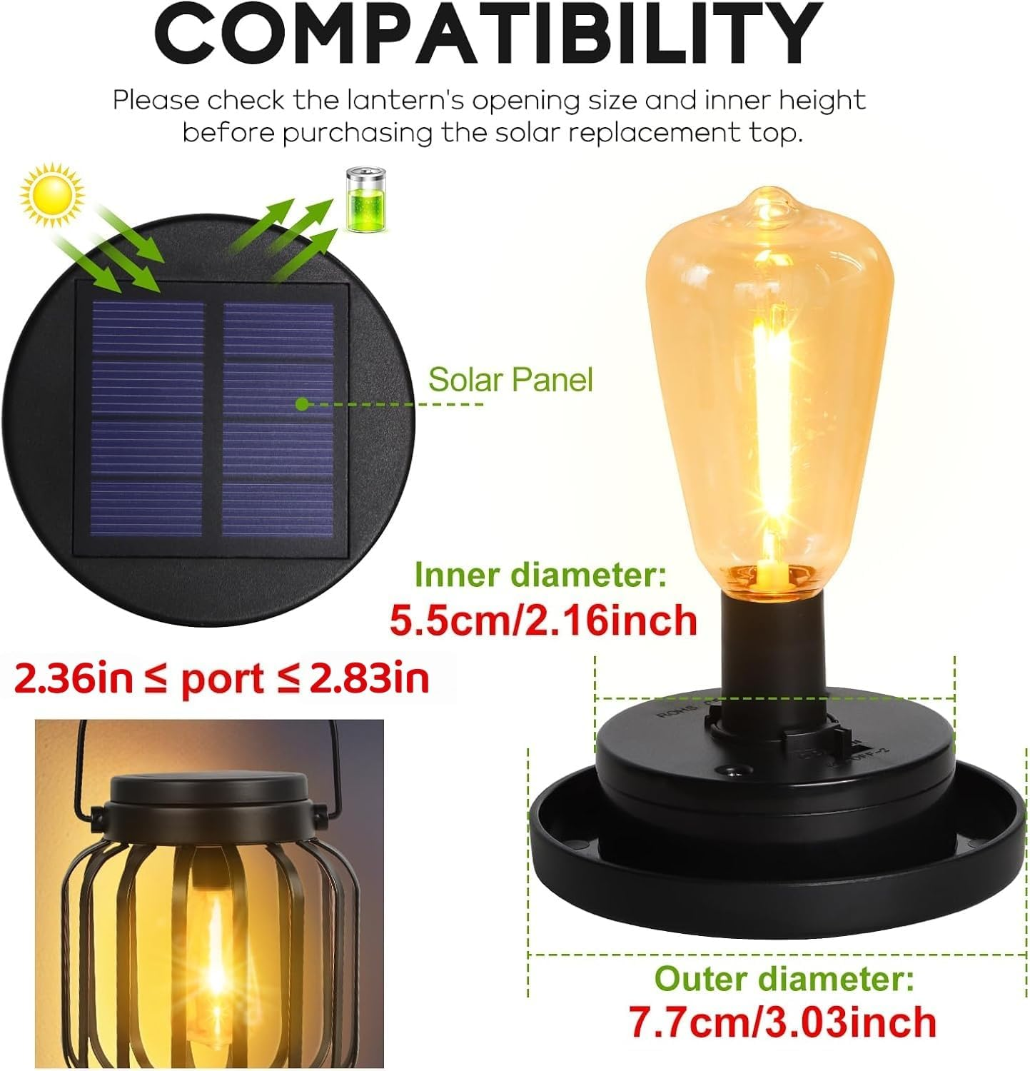 Replacement Solar Light Parts for Lantern: 2.83 Inch Waterproof Solar Replacement Top Lights Fit for 2.36 In, 2.42 In, 2.5 In, 2.76 In, 2.83 in Old Lantern Port - Vintage Light Bulbs for Original Lamp image number 4