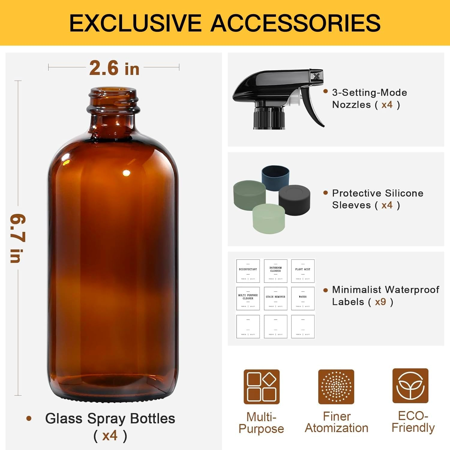 3 Pack Brown Glass Spray Bottles,Reusable Empty Cleaning Bottles for Plants, 3 Silicone Sleeves, 3Pcs Adjustable Nozzles (3) image number 3