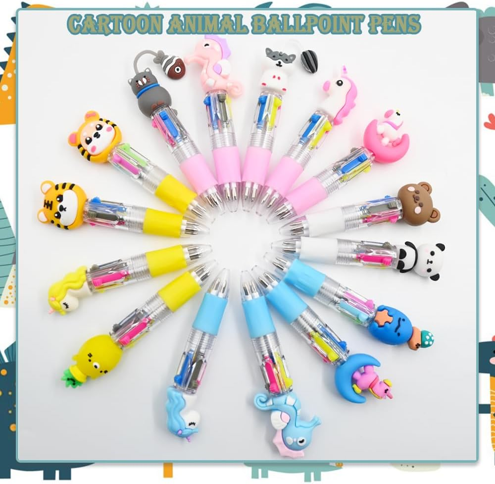 15 PCS Cute Kid'S Multi-Color Ballpoint Pens, Fun Pens for Kids, 4 in 1 Retractable Pens, Cartoon Animal Ballpoint Pens, Student Party Gifts, Classroom Rewards Party Bag Fillers image number 4