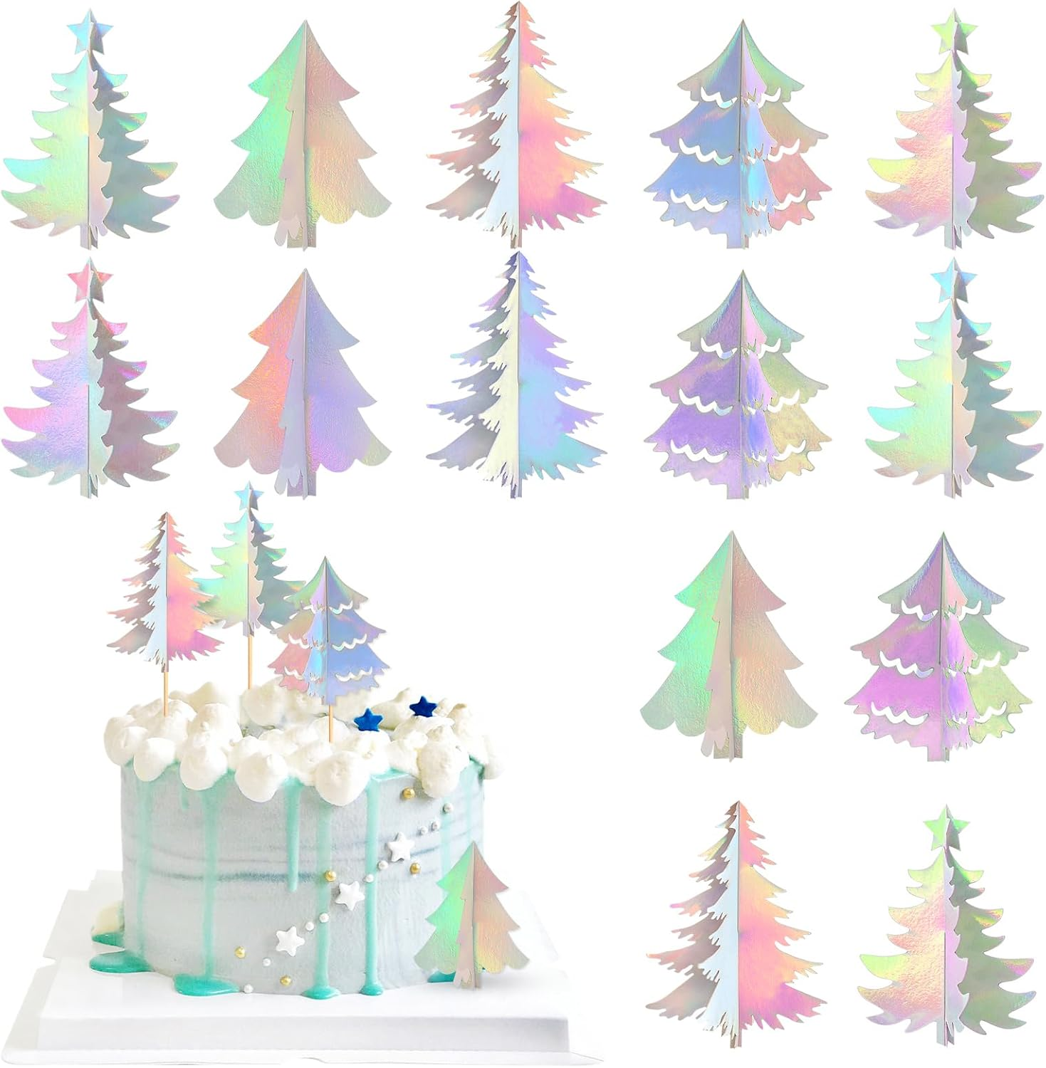 24 Pack 3D Tree for Woodland Theme Party Decoration Xmas Christmas Cupcake Picks Backdrop Tree Garland Decor for Birthday Party Baby Shower Christmas New Year Party Decorations Sliver