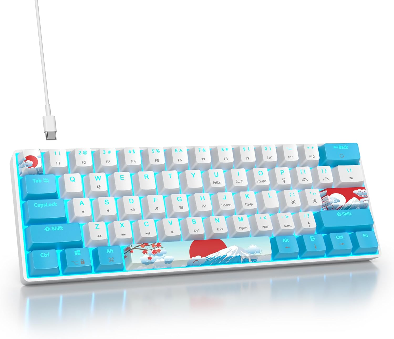 Vumilstek Cool 60% Gaming Keyboard, Compact Mini Wired Mechanical Keyboard 60 Percent with Ice Blue LED Backlit Linear Red Switch PBT Keycaps for Win/Mac PC Gamers(Blue White)