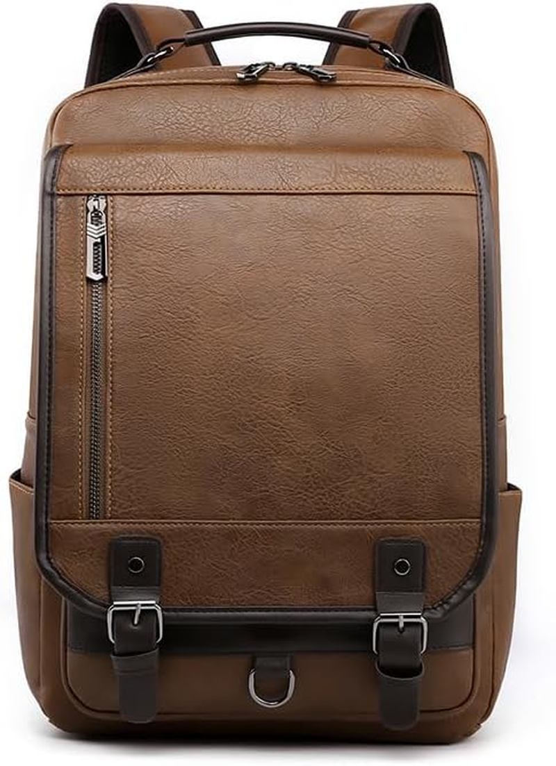 Men'S Vintage PU Leather Backpack 15.6" Laptop Bag Large Capacity Business Travel Hiking Shoulder Daypacks Brown image number 4