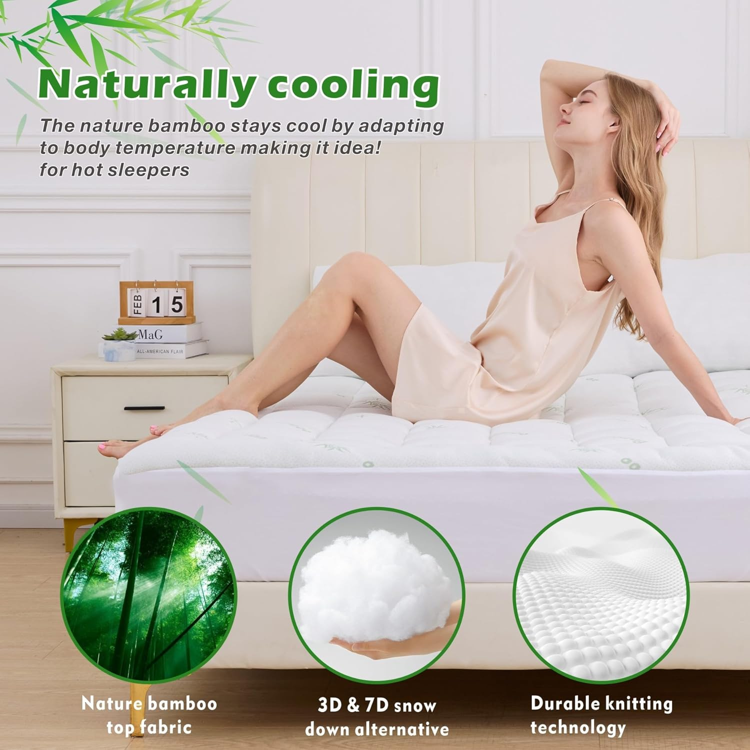 Bamboo Double Mattress Topper 1000GSM - Thick Cooling Breathable Pillow Top Mattress Pad for Back Pain Relief - Soft Fully Fitted Mattress Topper Cover with Deep Pocket up to 45CM (Double Size) image number 5