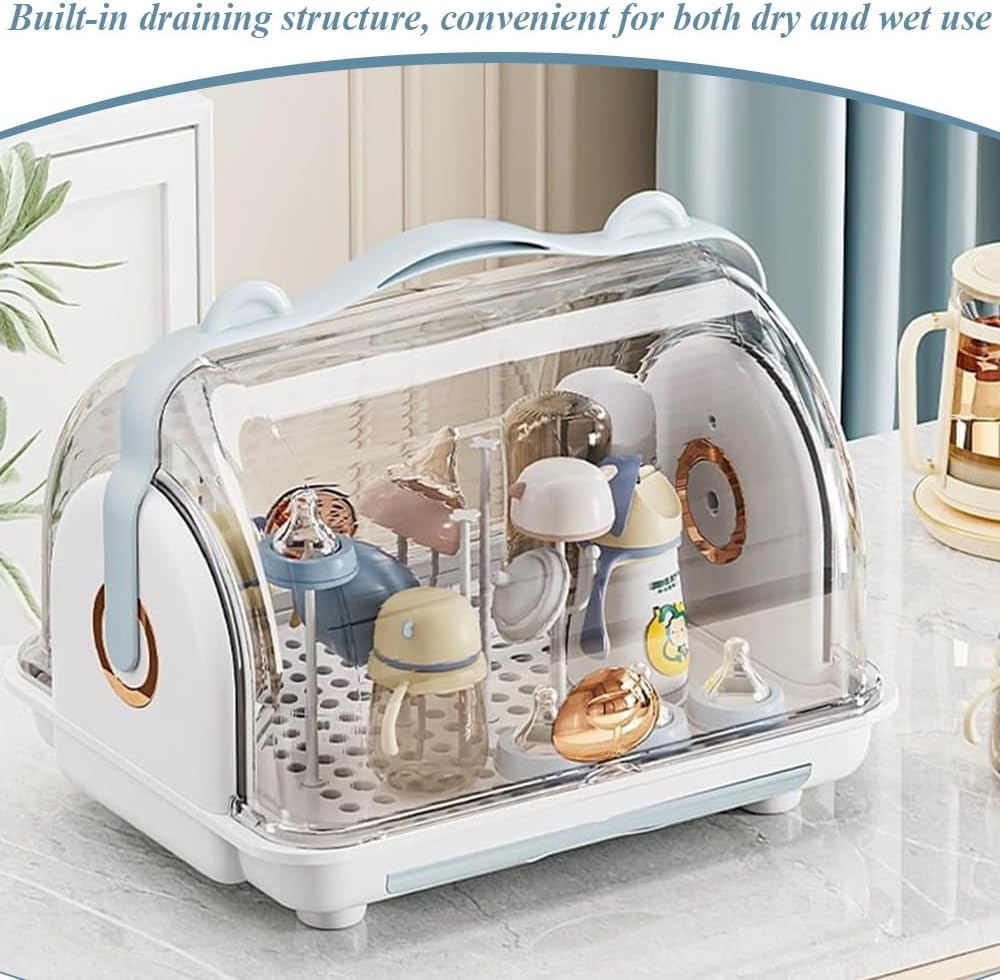 Baby Bottle Countertop Drying Rack, Dustproof Feeding Cup Holder, Baby Cup Storage Box, Removable Drain Tray, Transparent Clamshell Design for Bottles, Teats
