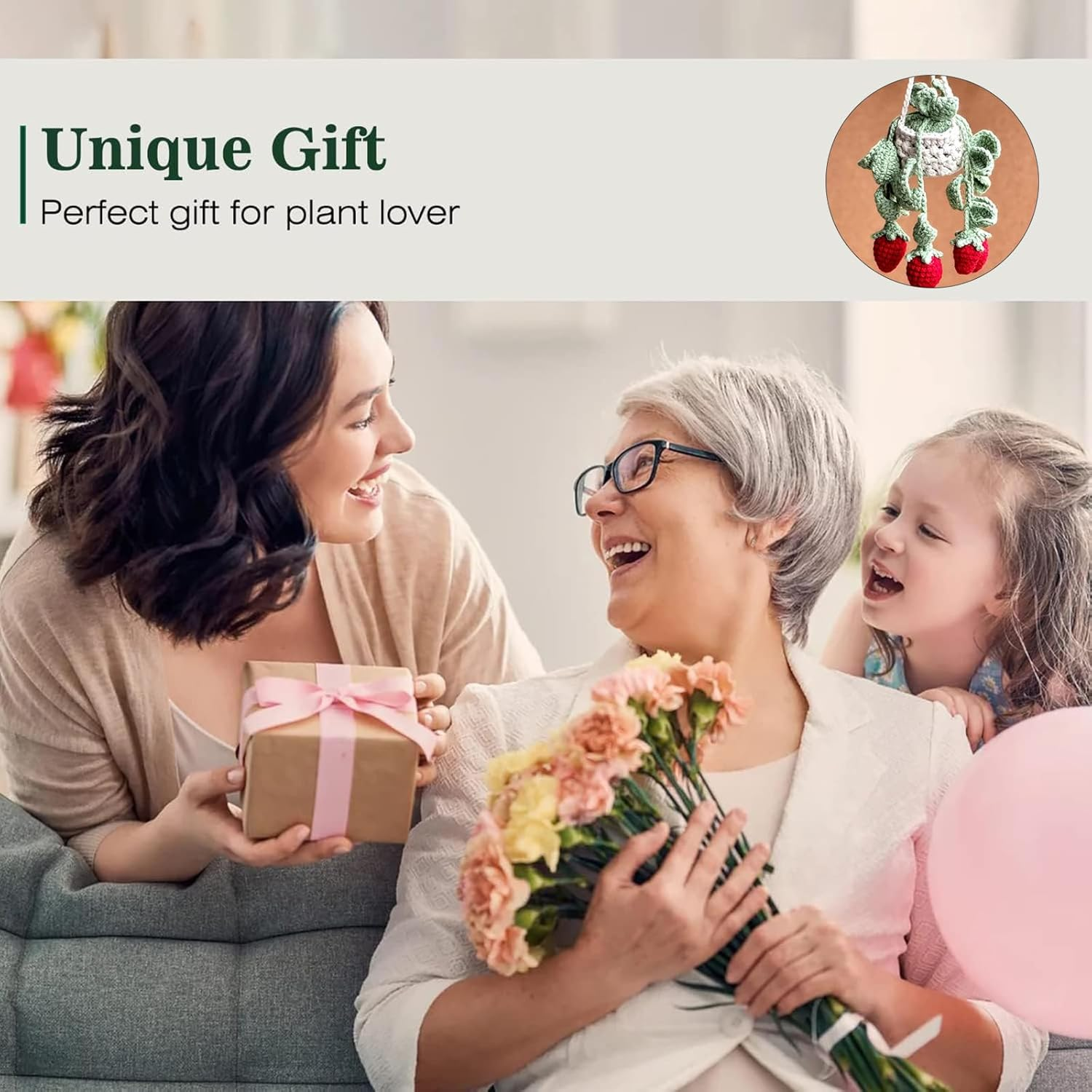 Cute Crochet Plant for Car Rear View Mirror,Boho Handmade Car Mirror Hanging Accessories for Women Girls,Green Interior Aesthetic Decor Truck Hanger Ornament Charm for Men (Red Strawberry Plant) image number 4