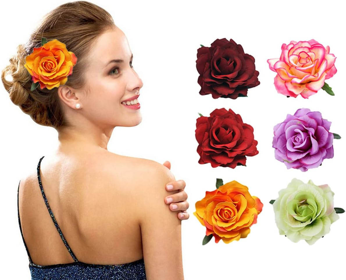 Ericotry Pack of 6 Rose Flower Hair Clips Hair Pin Elegant Large Rose Flowers Brooch Flamenco Dancer Flower Pin up Brooch Bridal Headpiece Hair Accessories for Women Girls image number 1