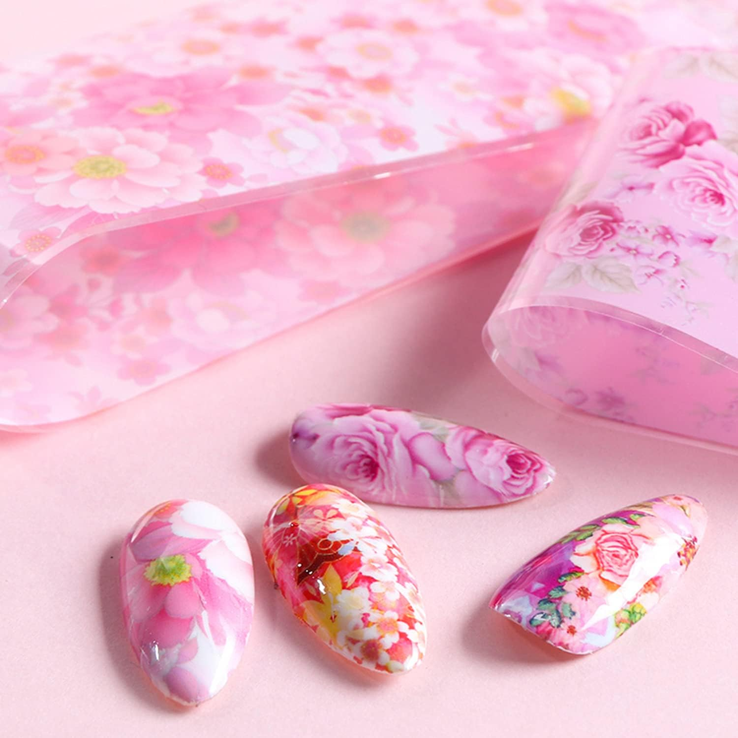 Flowers Nail Art Foil Transfer Stickers Decals, Holographic Pink Floral Nail Art Design, Nail Art Foils for Nail Transfer Glue Polish, Women Fingernails Toenails Acrylic Nails Decoration (10 Rolls) image number 1