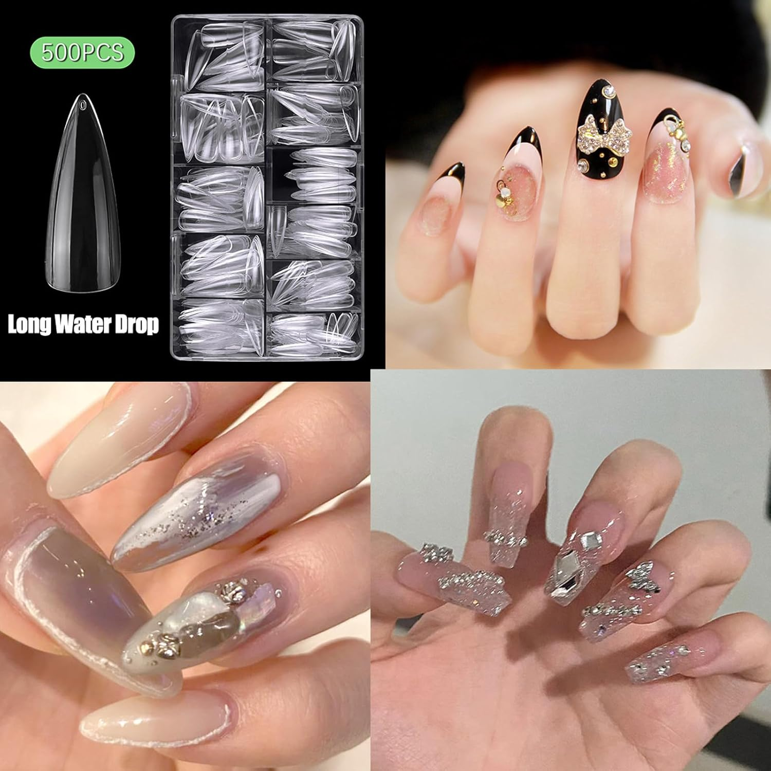 Taoluwin 500Pcs Clear Nail Tips, 10 Sizes Full Cover False Nails, Press on Gel Nail Tips, Reusable False Nail Kit for DIY Extensions, Acrylic & Nail Art (Long Teardrop Shape, Long) image number 3