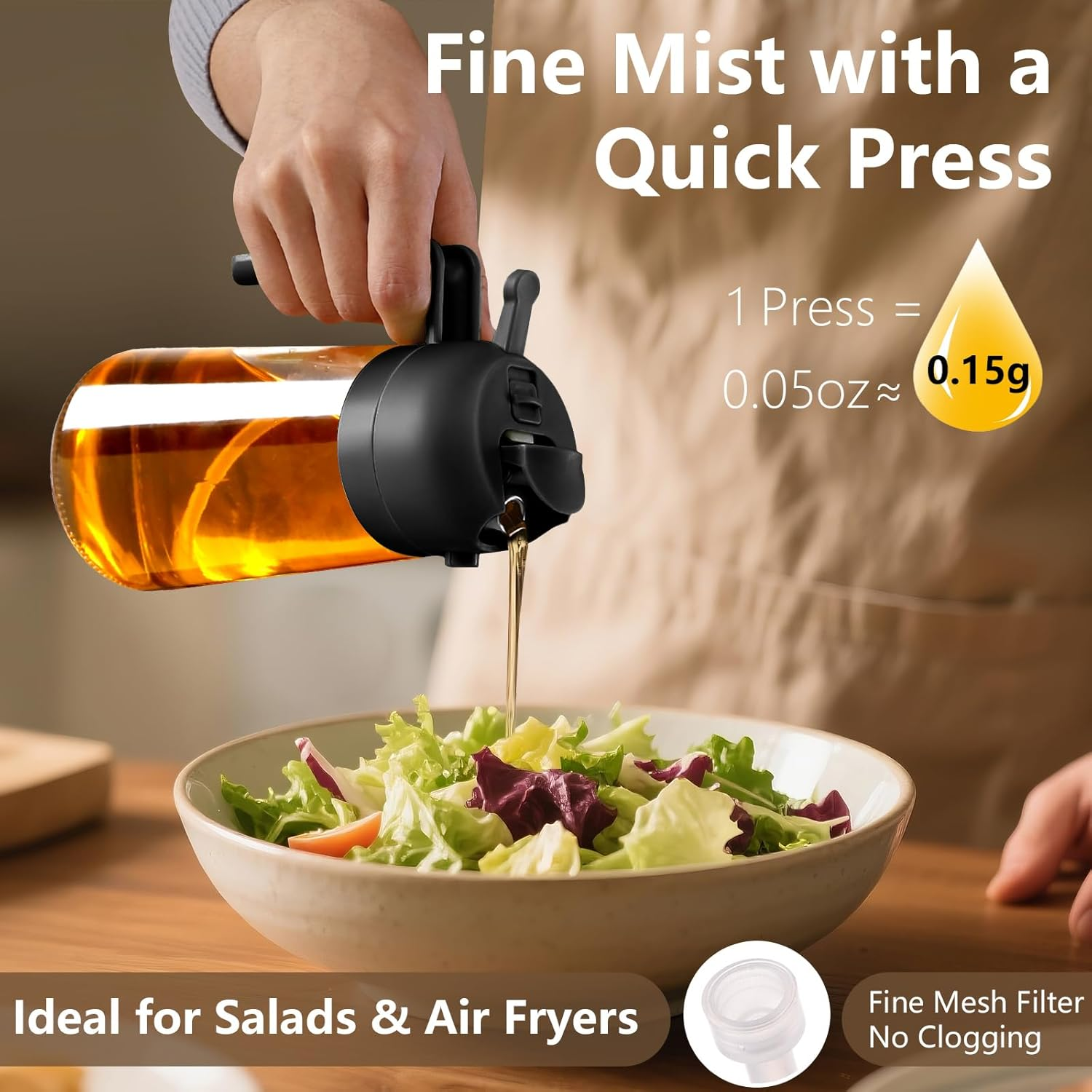 SWEET VIEW Olive Oil Spray Bottle, 470Ml 2 in 1 Glass Oil Dispenser/Pour & Sprayr Bottle, Kitchen Accessories, Kitchen Gadgets for Air Fryer, Salad, Bbq(Black)