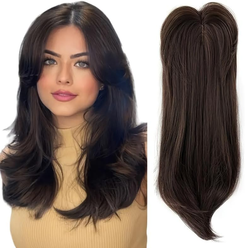 Hair Topper 22" Wavy Toppers Hair Pieces for Women Synthetic Middle Part Hair Topper Long Wavy Clip in Hairpiece with Fringe Bangs (1#)