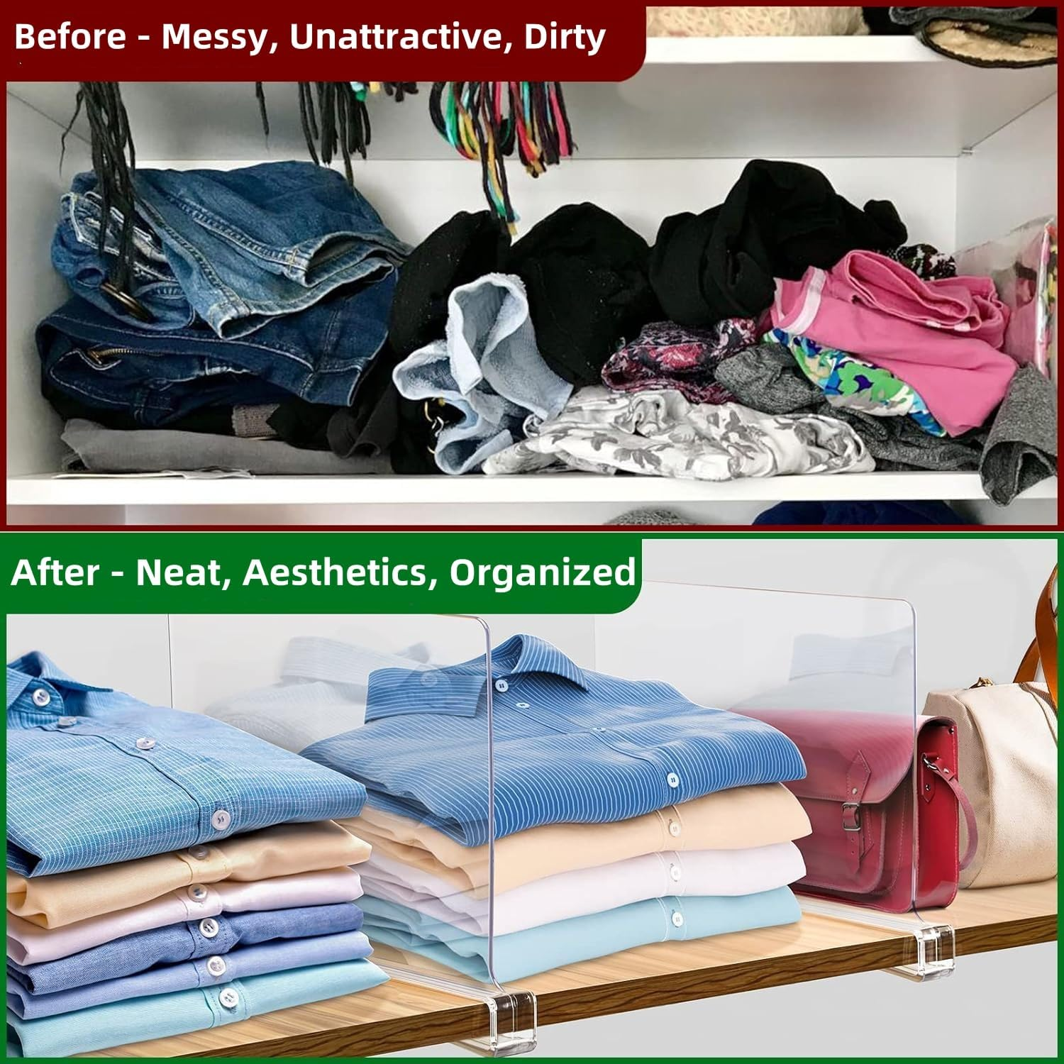 FORYUSE 12 Pack Acrylic Shelf Dividers for Closet Organization Clear Organiser Wooden Shelving Cabinet Separator Bedroom Kitchen Office Bookcase image number 5