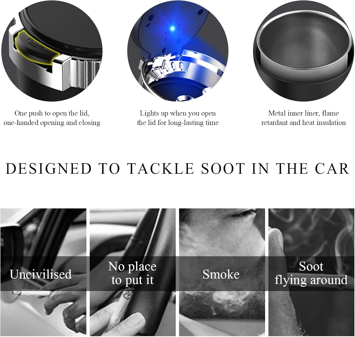 Car Ashtray with Lid, Detachable Stainless Steel Ash Tray with LED Blue Light, Portable Mini Vehicle Cup Holder Trash Can Smell Proof Ashtray Cup, Universal Car Accessories (Blue) - Purple image number 3