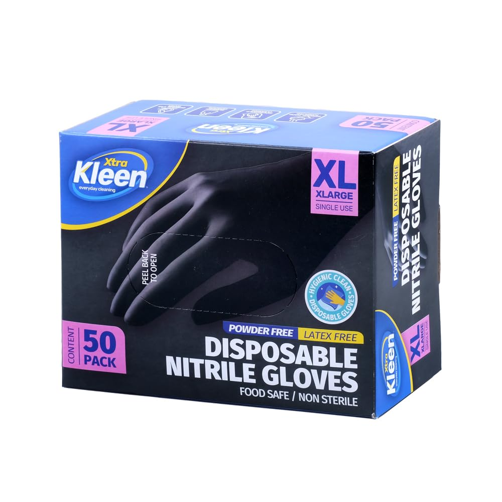 Nitrile Powder Free Disposable Gloves, Black, X-Large (Pack of 50)