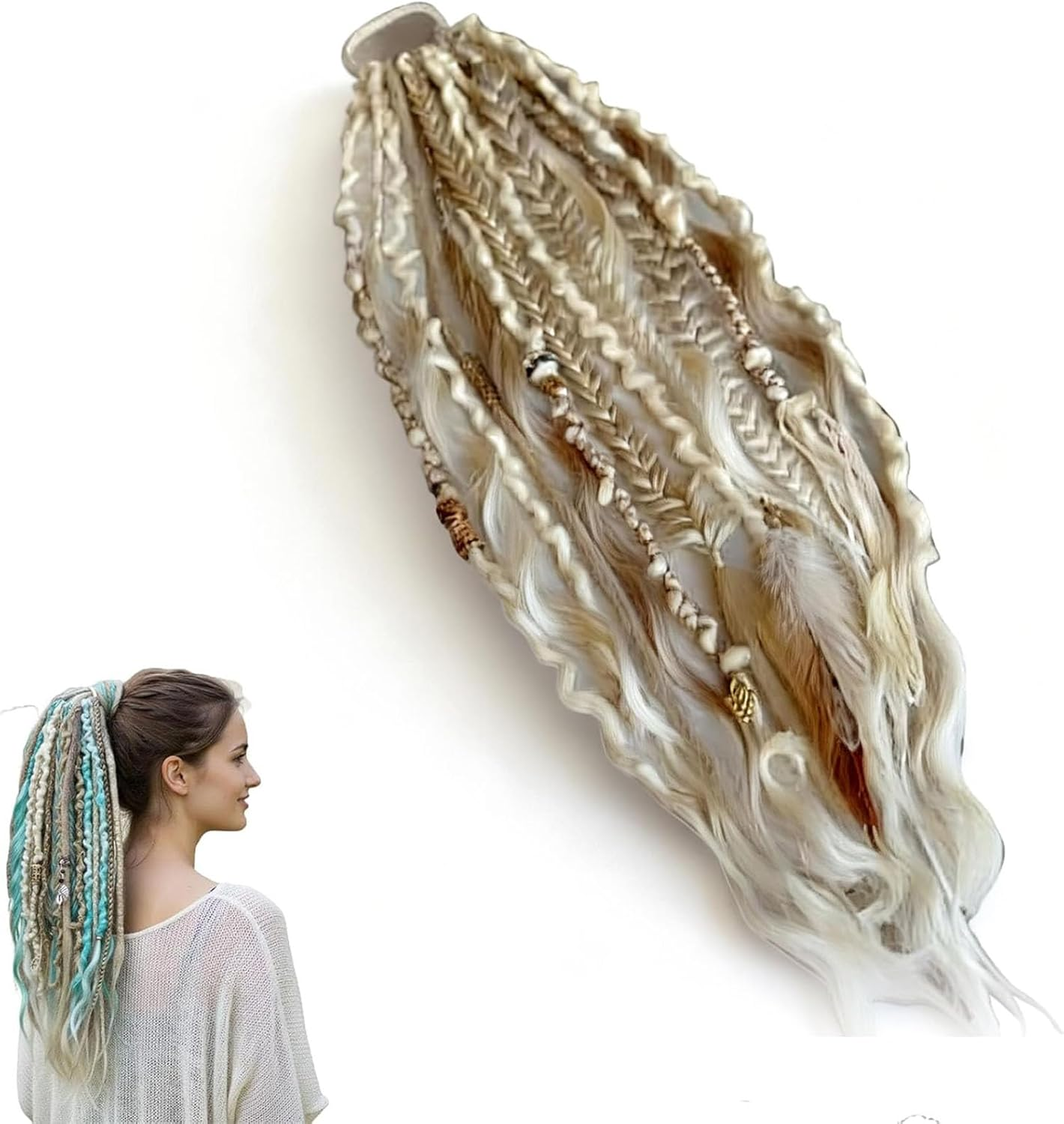 Elastic Dread Ponytail Salty, Boho Dreadlock Hair Extension with Beads, Shell and Charm Details, Easy 1-Minute Clip-In Ponytail Attachment for Festival, Travel & Casual (C)