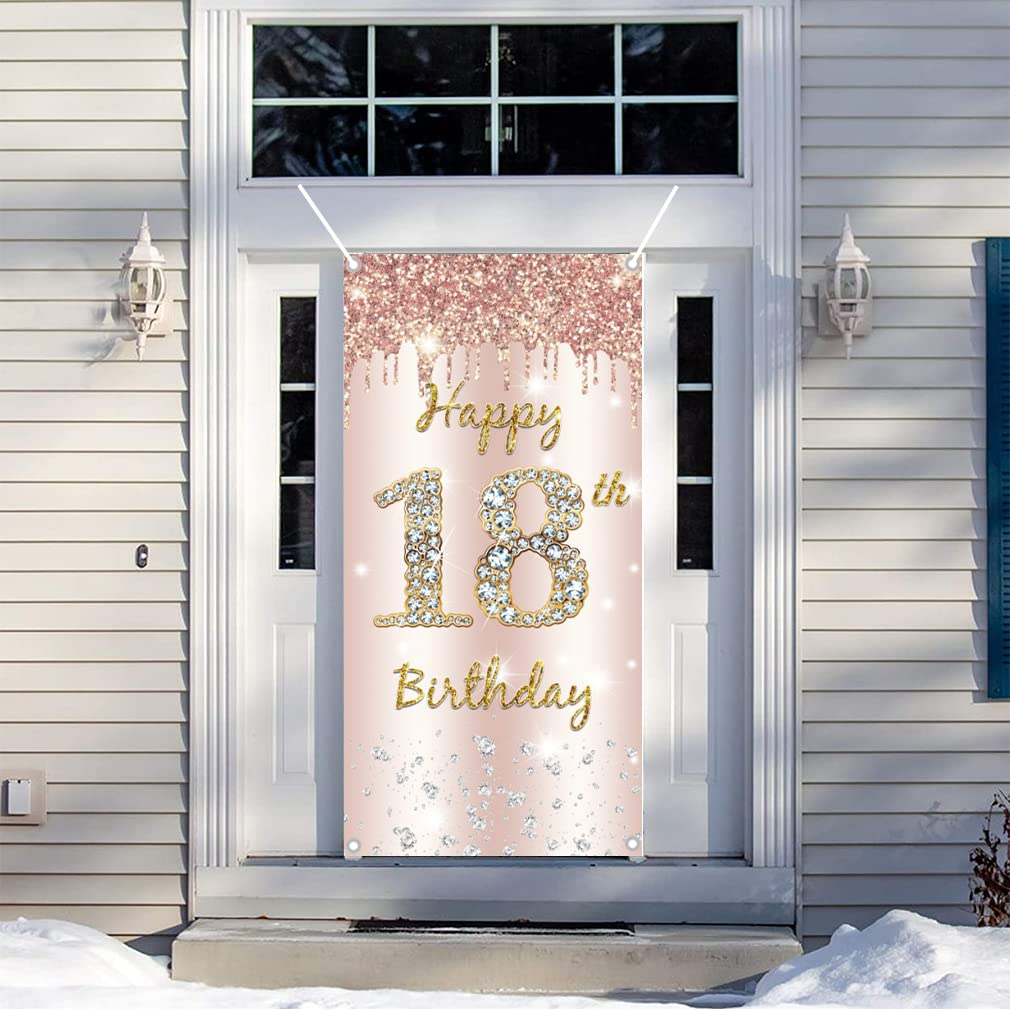 18Th Birthday Decorations for Girls, Happy 18Th Birthda Y Backdrop Banner Rosegold Fabric Sign Poster, Girl 18 Birth Day Door Banner Party Welcome Sign image number 2