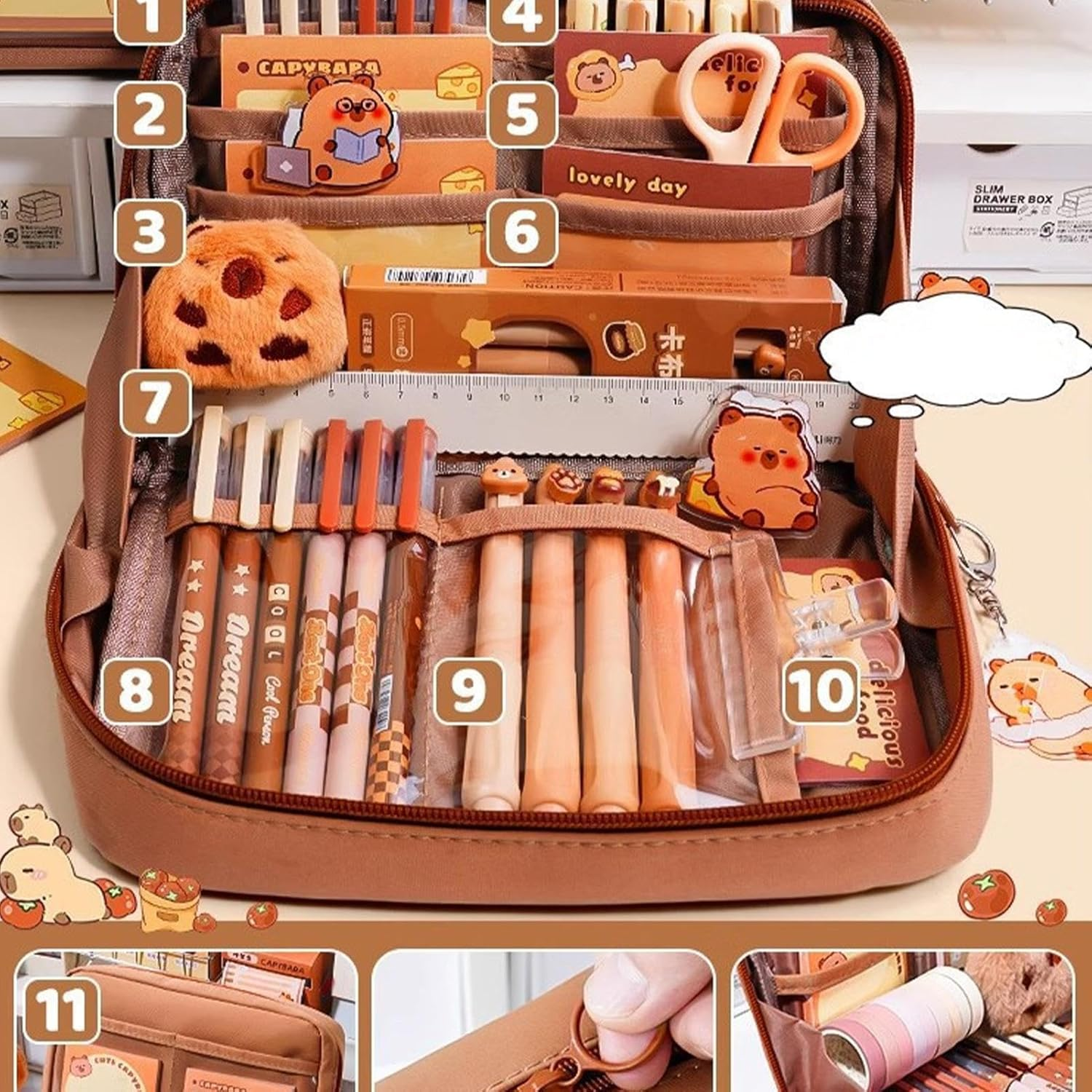 Tuxuseo Capybara Stationery Set, Cartoon Pencil Bag, Cute Pencil Case with Pens, Clips, Rulers and More, Wide Opening Pen Organiser image number 1