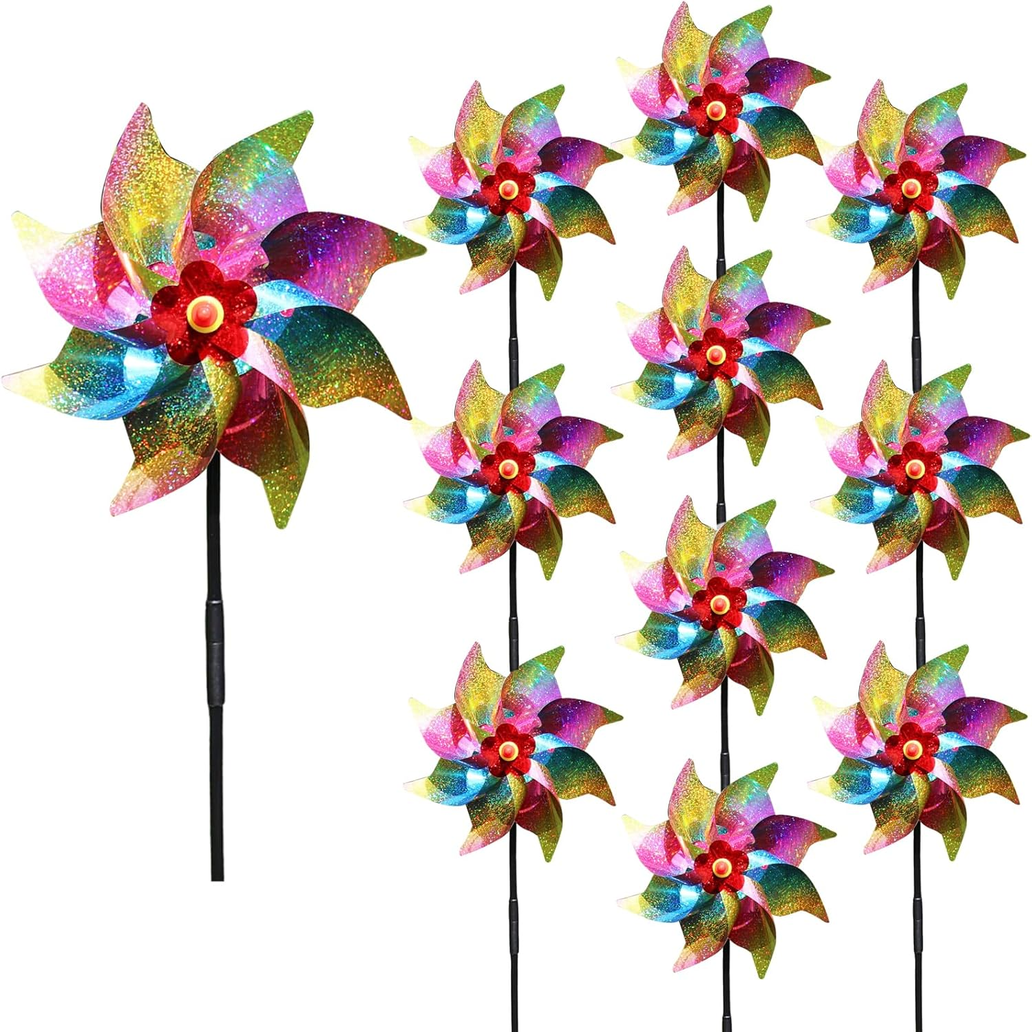 10 Pieces 21 Inches Rainbow Reflective Pinwheels with Stakes Windmill Wind Spinners Outdoor for Yard Garden Lawn Farm Decor Bird Repellent, Large Plastic Foil Pin Wheels for Birds Animal Deterrent image number 3