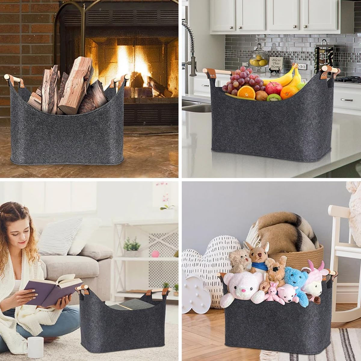 AIMALL Felt Firewood Basket with Wooden Handles, 17.71 X 15.74 X 12.59 Inch Felt Storage Bag, Durable Handbag for Firewood, Toys, and Blanket Organisation image number 2