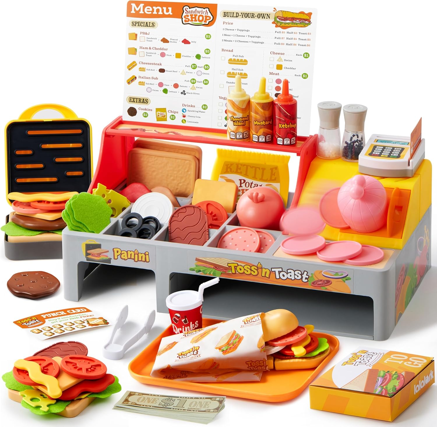 Pretend Play Food Toy for Kids Toddlers, Play Kitchen Accessories Include Sandwich Maker Toy with Slicer for Ham, Menu and Ingredients, Play Restaurant Food Toy for Girls Birthday Gift image number 2
