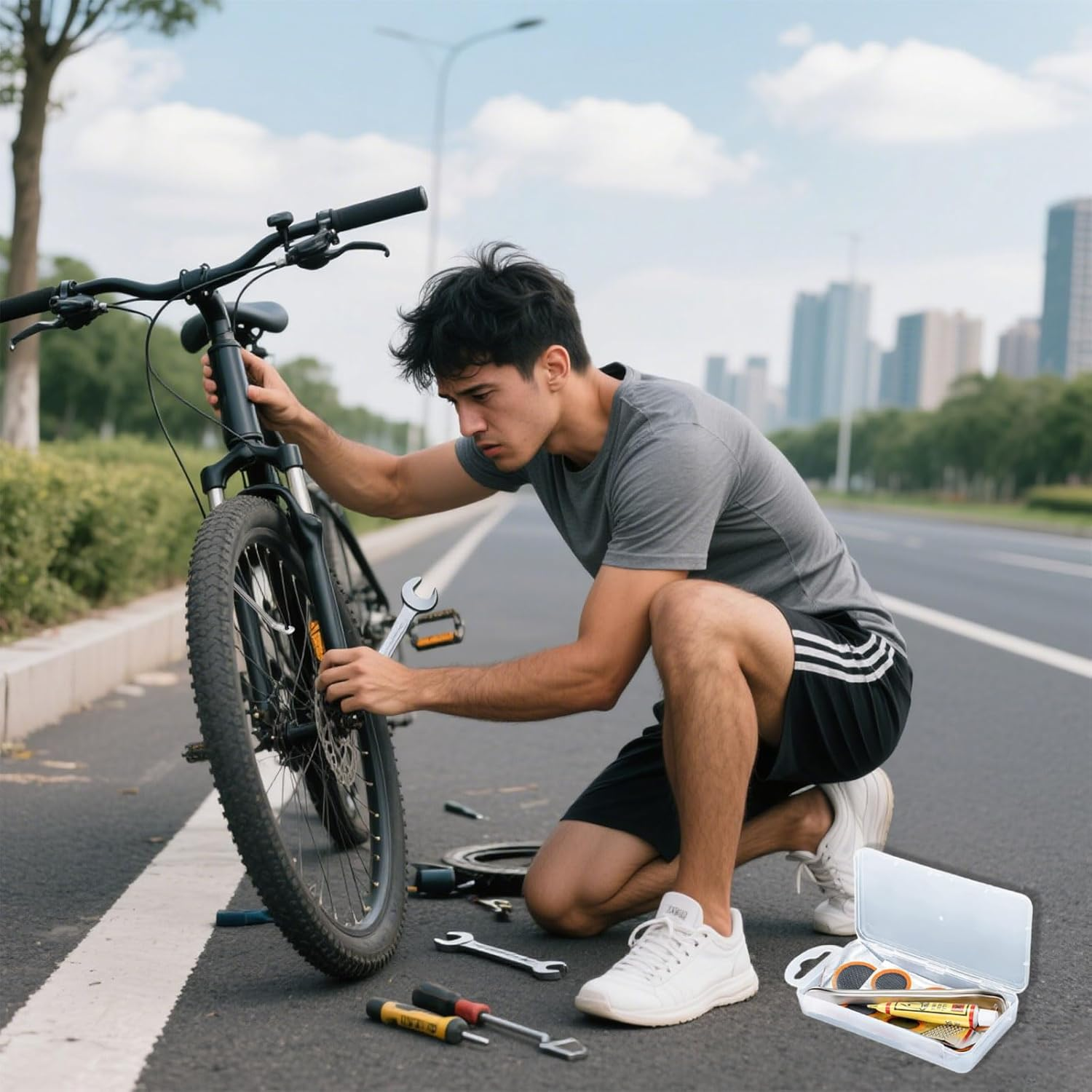 53Pcs Tyre Repair Kit, Inner Tube Tire Bike Repair Kit, Puncture Repair Kit Bicycle, Bicycle Tire Repair Tools, Suitable for All Bicycles, Mountain Bikes, Road Bikes and Commuter Bikes image number 5