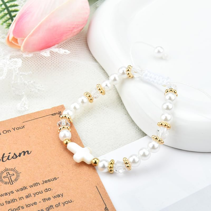 Christian Gifts for Girls First Communion Baptism Gifts for Girls Pearl Cross Bead Bracelet with Card image number 6