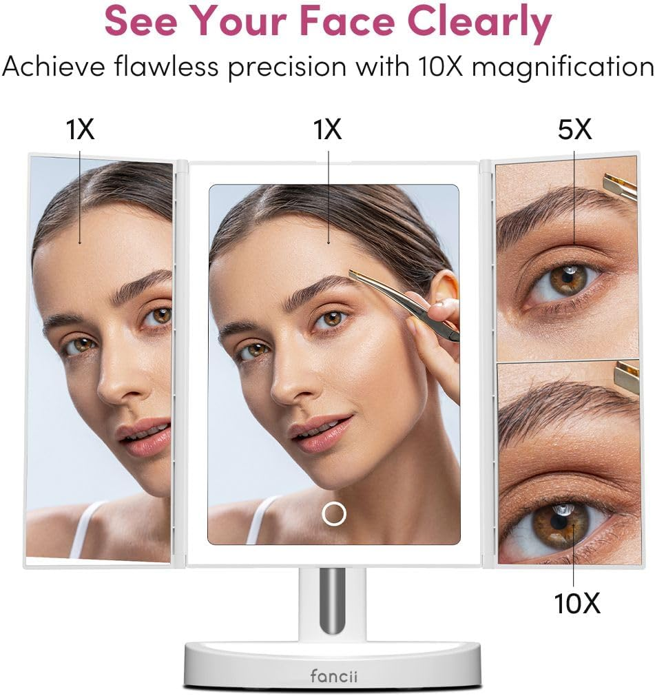 Fancii LED Lighted Makeup Mirror, Rechargeable Vanity Trifold Mirror with 5X & 10X Magnifications - 68 Dimmable Natural Lights, Touch Screen, Best Adjustable Make up Mirror with Cosmetic Stand, Tria 2 image number 5