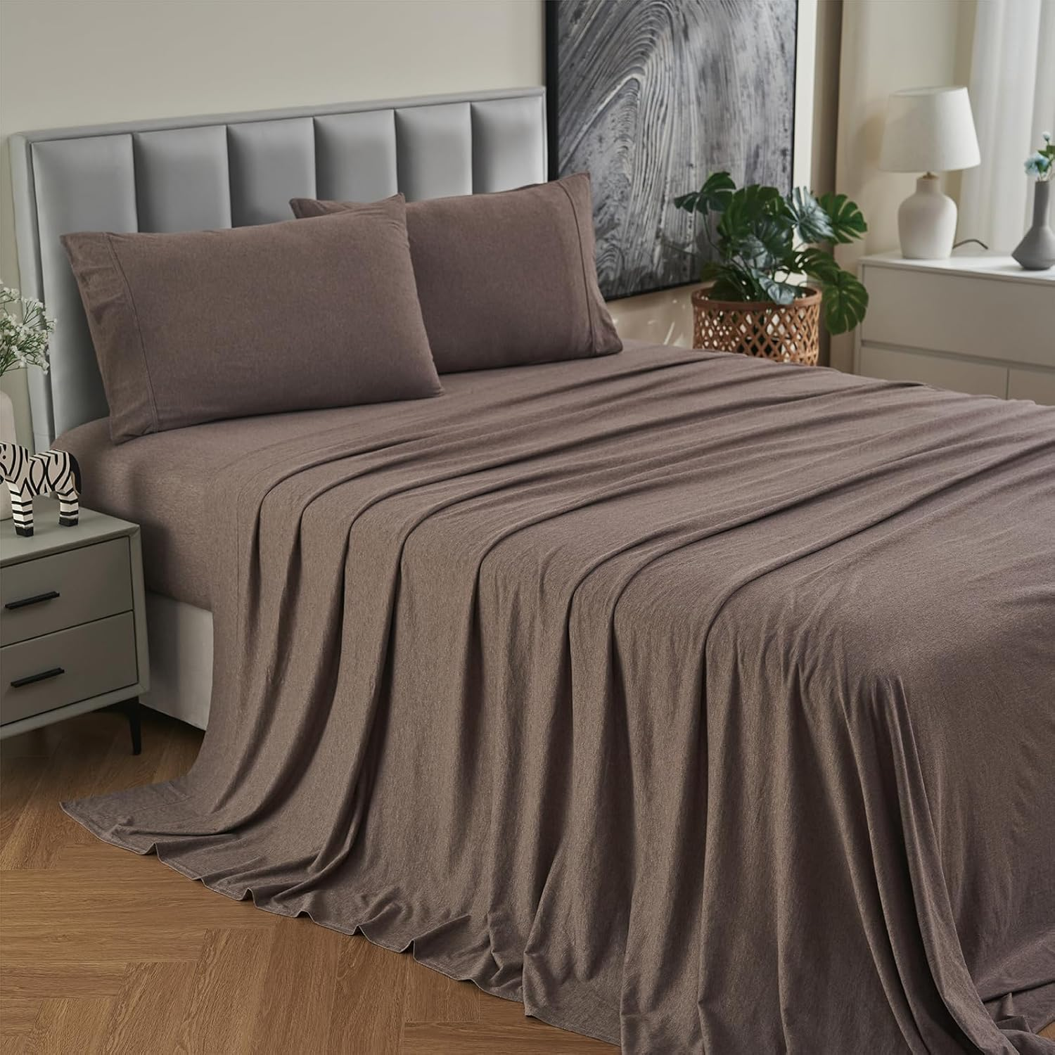 Jersey Cotton Queen Bed Sheets Breathable Ultra Soft Cotton Jersey Sheets Queen Comfy All Season 4Pcs Stretchy Knit T Shirt Fitted Jersey Sheet Set Queen Bed (Coffee Marle, Queen)