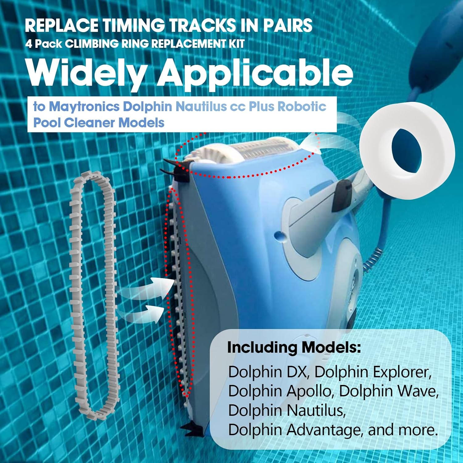 Pool Cleaner Accessories, the Climbing Ring Replacement 6101611-R4, Timing Track 9985006-R2 and 3884997-R6 Guide Wheels Pulley Gears Combo Kits for Maytronics Dolphin Nautilus Cc plus Parts image number 6