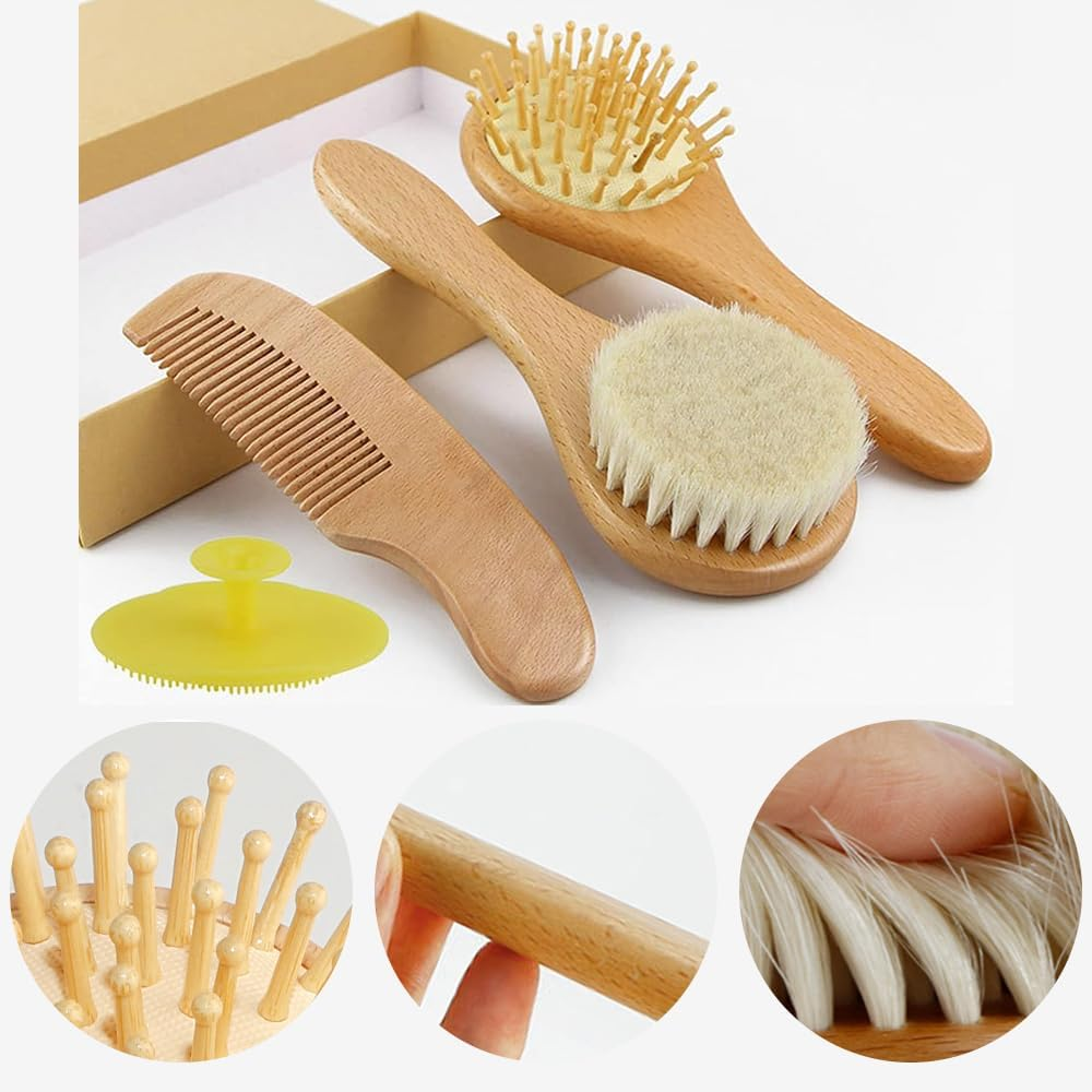 4 Pcs Infant Hair Brush,Wood Baby Cradle Cap Comb,Yellow Silicone Brush,Baby Hair Brush,Wool Brush Set,Cradle Cap Brush,For Newborns and Toddlers image number 5