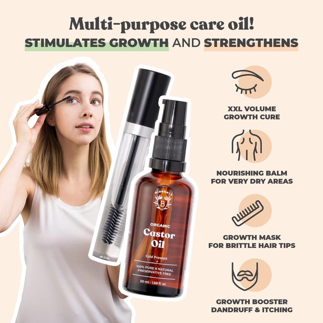 Bionoble Organic Castor Oil 50Ml - 100% Pure, Natural, Cold Pressed - Lashes, Eyebrows, Body, Hair, Beard, Nails - Vegan, Cruelty Free - Glass Bottle + Pipette + Pump + Mascara Kit image number 3