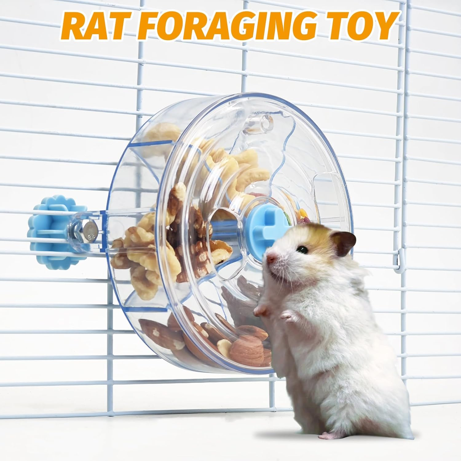 VCEPJH Rat Foraging Toy Interactive Slow Feeder with Transparent Rotating Treat Dispenser Wheel for Enrichment Activities Pet Rat Cage Accessories Ideal for Syrian Hamster Gerbil Mice (Blue) - Blue image number 2
