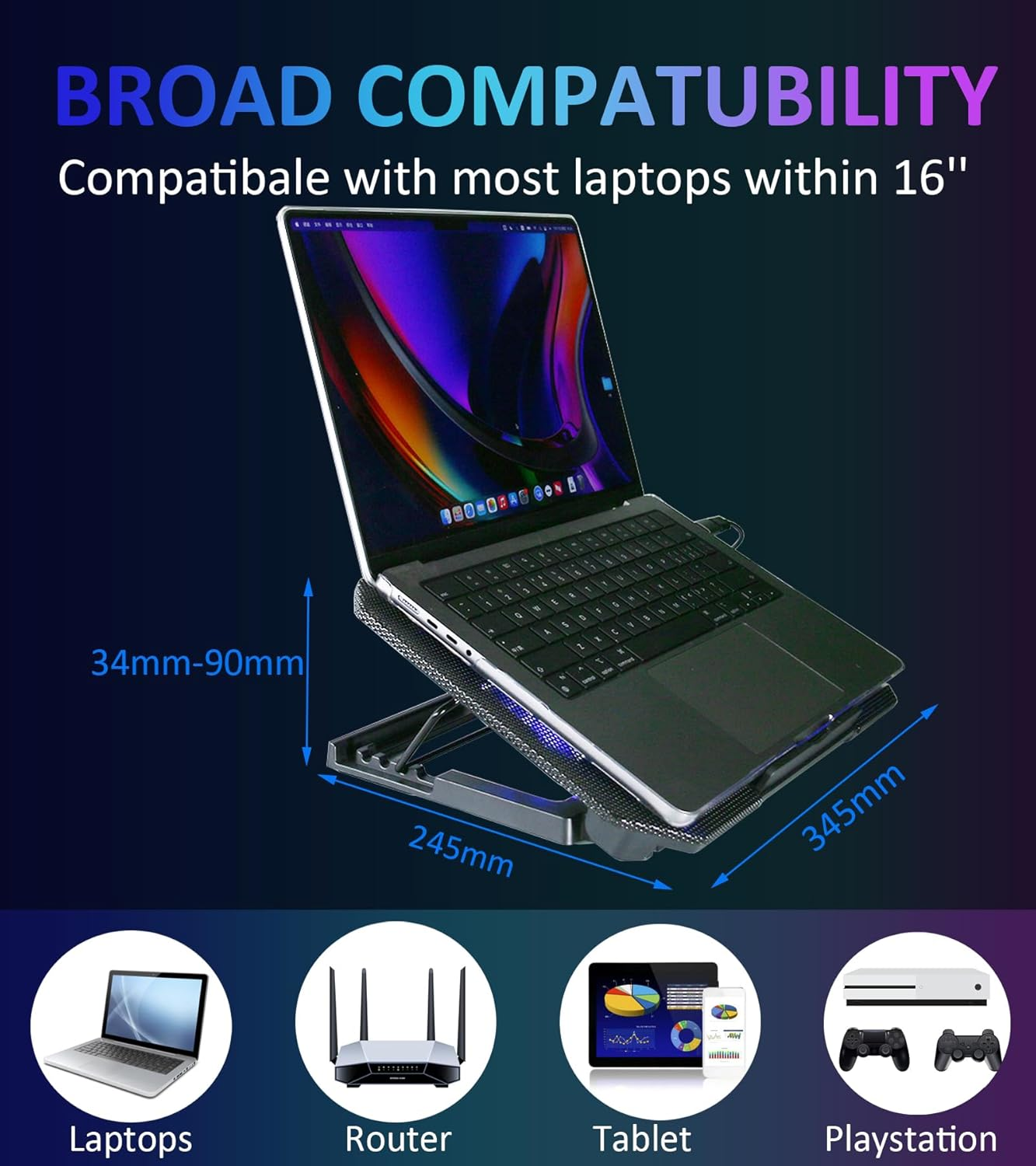 Laptop Cooling Pad with Adjustable Height, Dual 5.1" Quiet Fans & 2 USB Ports - Ergonomic Cooler Stand for 12"-15.6" Laptops (Dell, Macbook, HP, ASUS, Gaming) image number 1