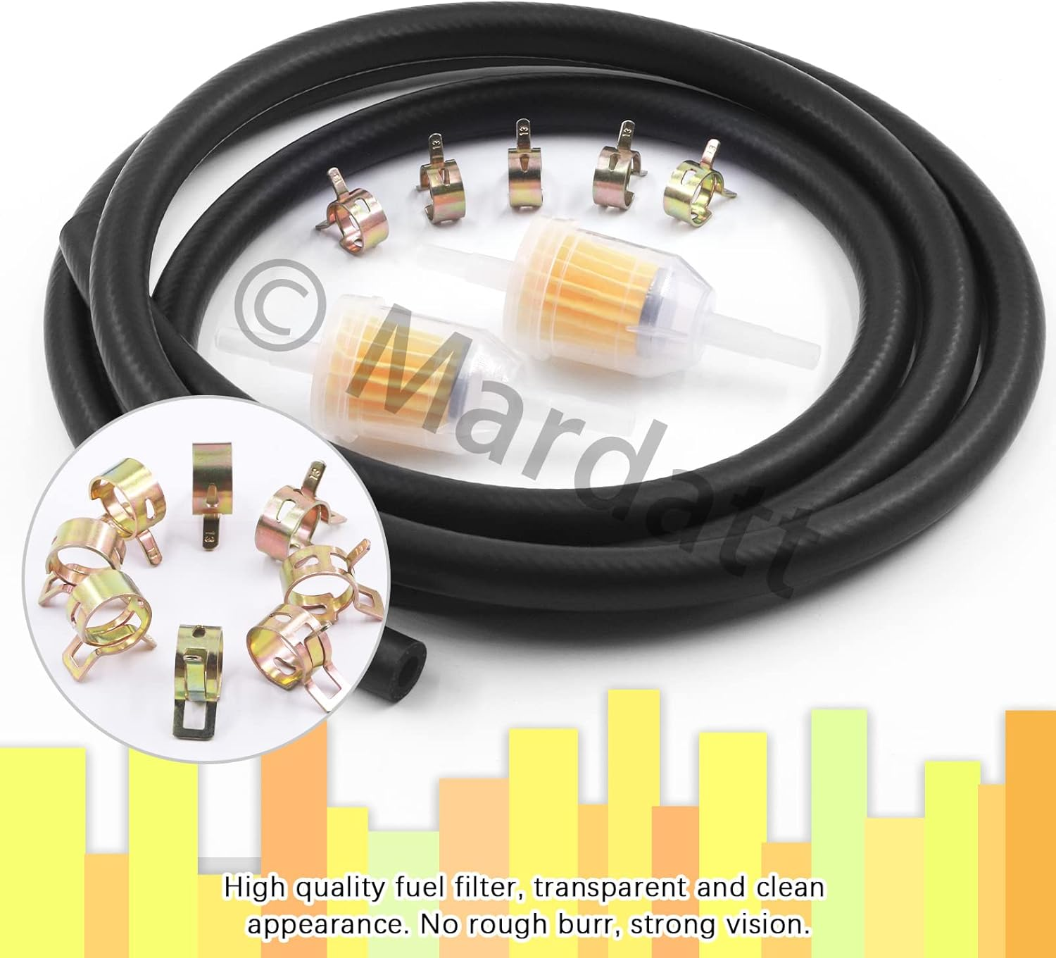 15PCS 1/4&rdquo; Fuel Line Set Includes 1/4 Inch 6.5 Feet Fuel Line, Gas Inline Fuel Filters and Hose Clamps for Automotive Boat Marine Small Engines image number 1