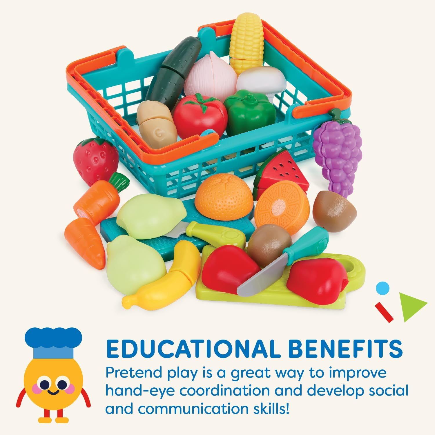 Battat &ndash; Farmers Market Basket &ndash; Toy Kitchen Accessories &ndash; Pretend Cutting Play Food Set for Toddlers 3 Years + (37-Pcs) (BT2534Z) image number 1