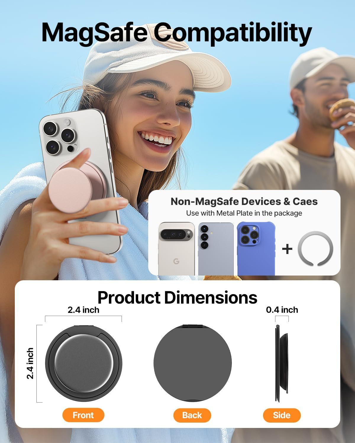 Sinjimoru for Magsafe Phone Grip &mdash; 3000G Magnetic Hold, Soft Silicone Comfort, Metal Plate Included, Iphone 17/16/15/14/13, M-Tap Tok Ring Stand Space Gray image number 1