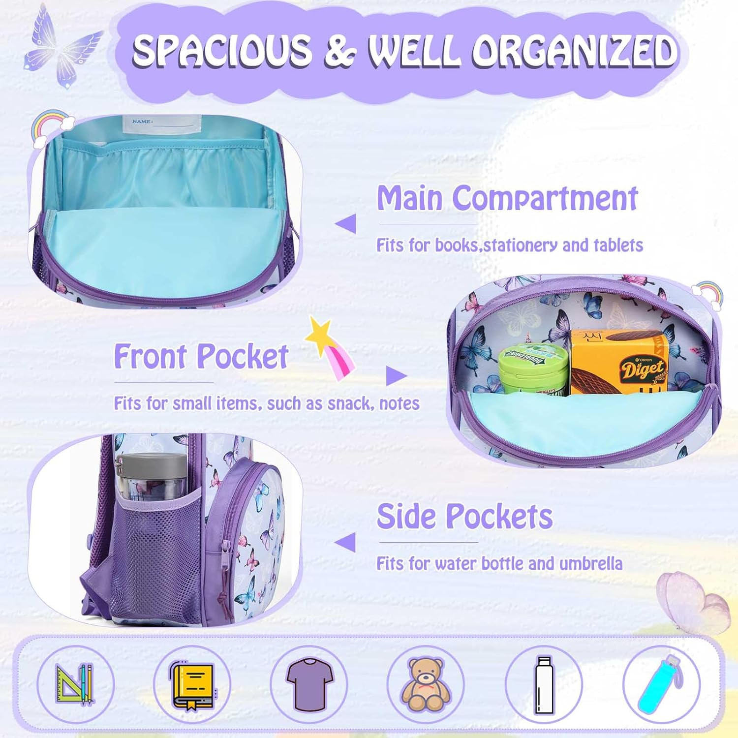 Toddler Backpack, Kasqo Lightweight Kids Backpack Schoolbag Preschool Kindergarten Bookbag for Little Boys and Girls with Reflective Stripe, Age 3-6 Years Old image number 6