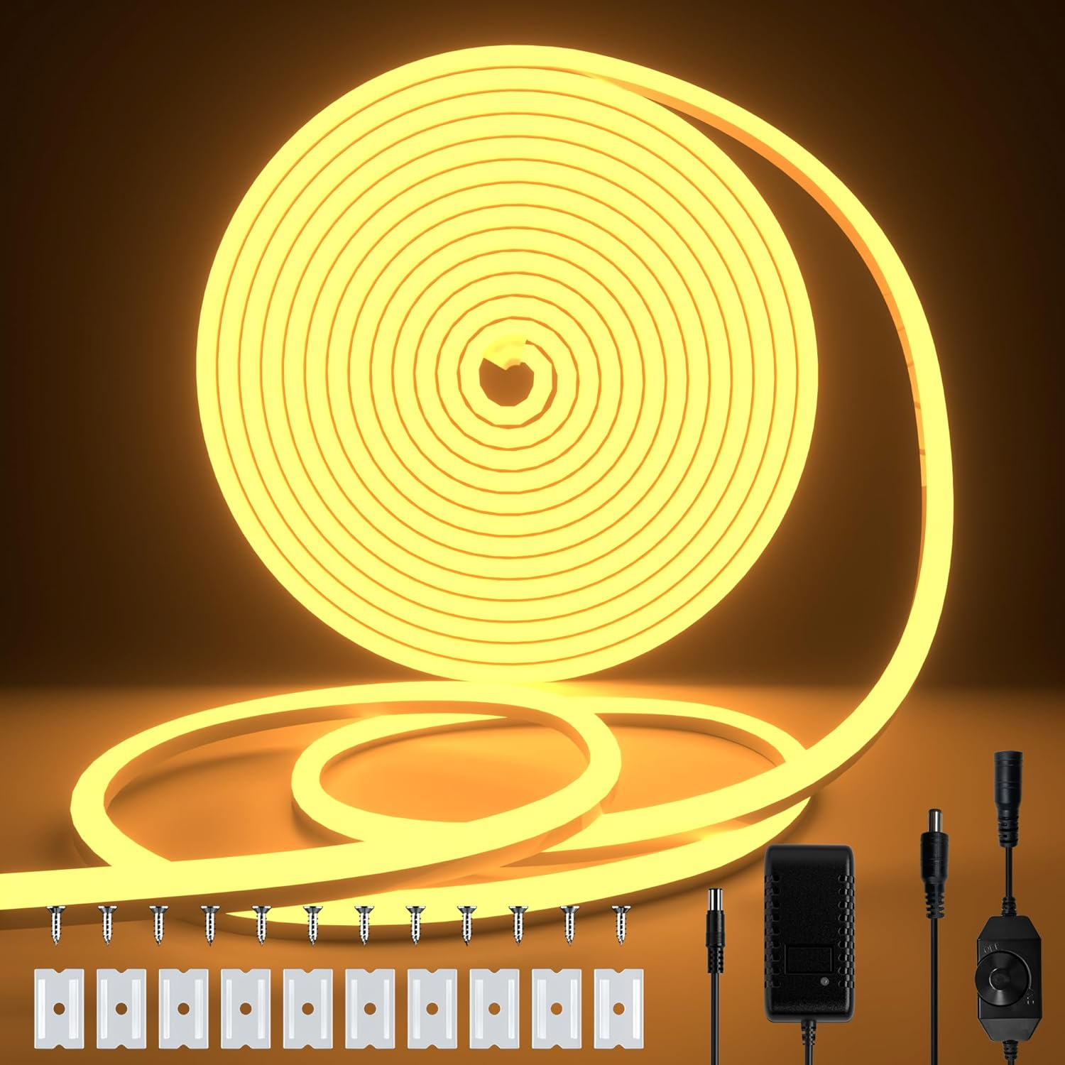 16.4Ft Neon LED Strip Light, Cozylady Warm White Waterproof Rope Light with Power Supply and Dimmer Controller, 5M Flexible DIY Silicone 24V LED Neon Rope Light for Kitchen Indoor Outdoor Decor