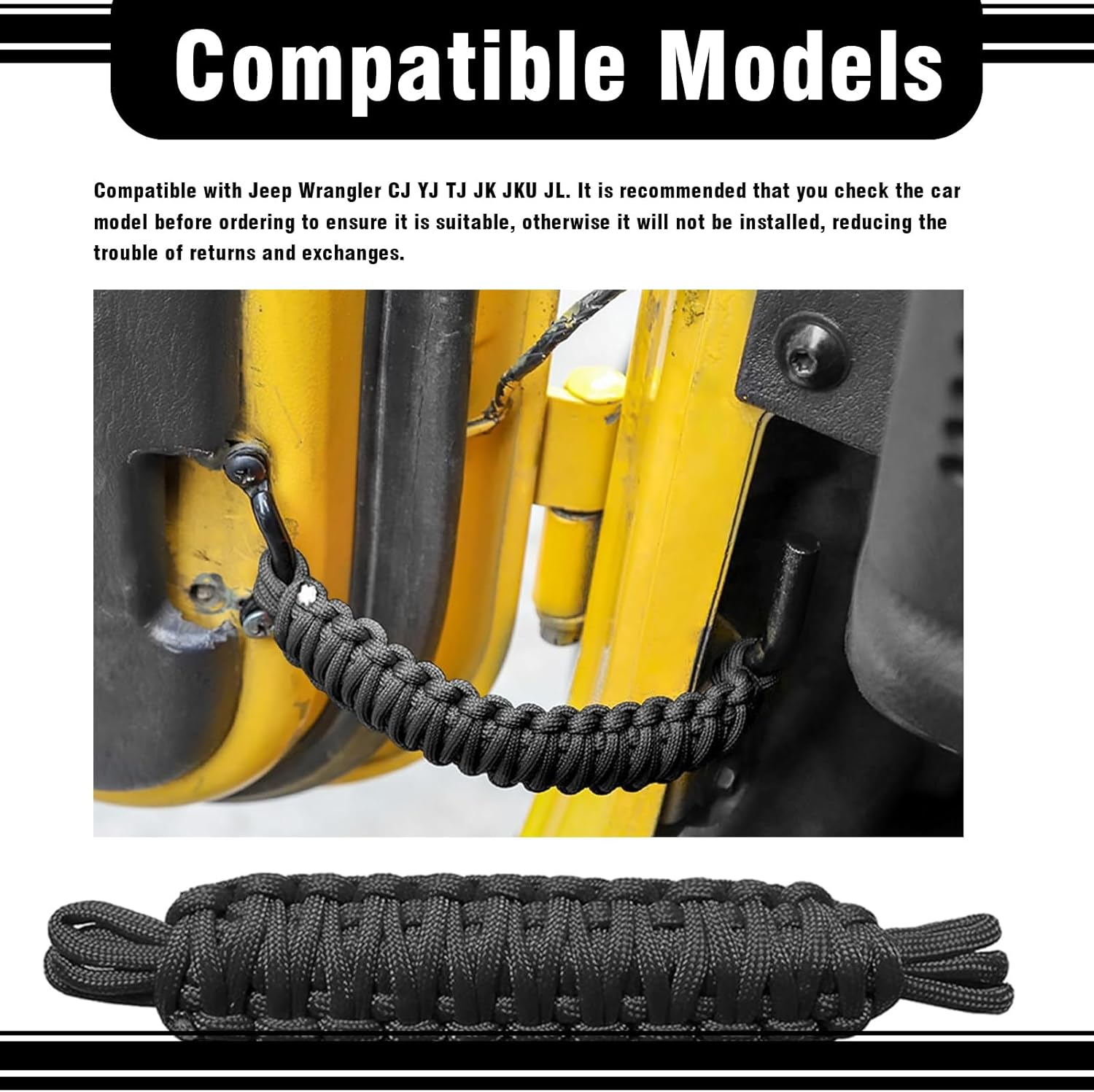 Yumfugu Pack-2 Car Door Limit Straps, Heavy-Duty Paracord Hand-Woven Straps Locator, Tensile Resistant Door Swing Limiter, Swing Door Check Limiter, for Jeep Wrangler CJ YJ TJ JK JKU JL (Black) image number 5