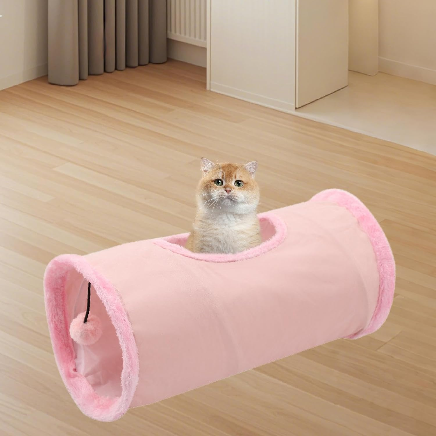 Yuksok Straight Cat Tunnel for Indoor Cats Foldable Tunnel Tube Hideout 19.69X9.84Inch Interactive Resting Scratch Resistant Cat Toy, Pink - Pink image number 6