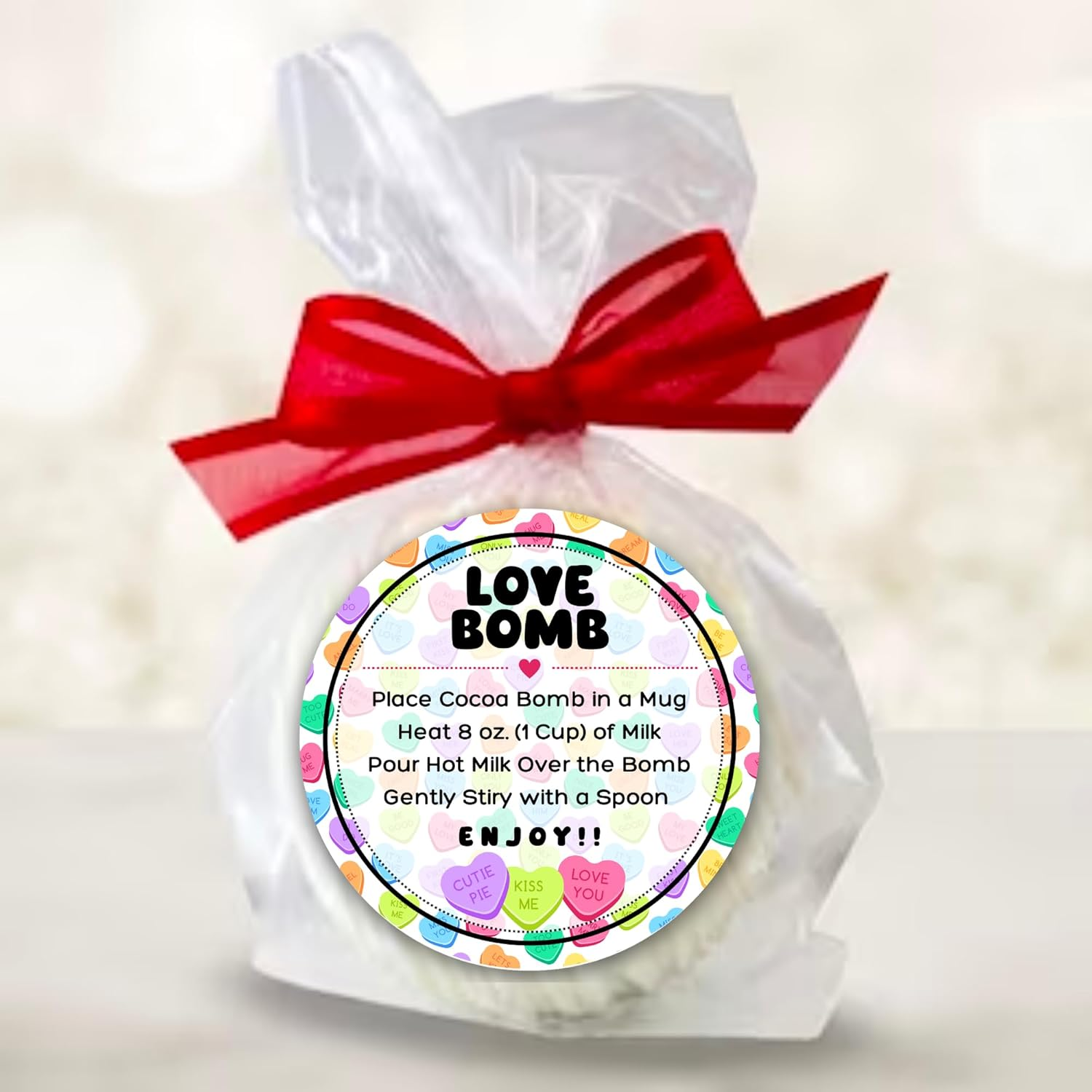 Love Bomb Stickers for Hot Cocoa Bomb Box | 250 Pc Roll Bulk Packaging 2&rdquo; Label Tag Instructions Ingredients for Holiday Valentine&rsquo;S Candy Heart Background Hot Chocolate Bomb image number 2