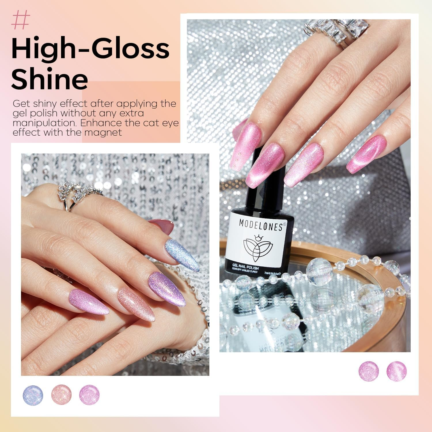Modelones Holographic Glitter Cat Eye Gel Nail Polish Kit 6 Colors with Magnet Romantic Rainbow Galaxy Series Pastel Gel Polish Soak off Led Gel Nail Polish Set Nail Art Gel Manicure Salon DIY Gifts image number 3