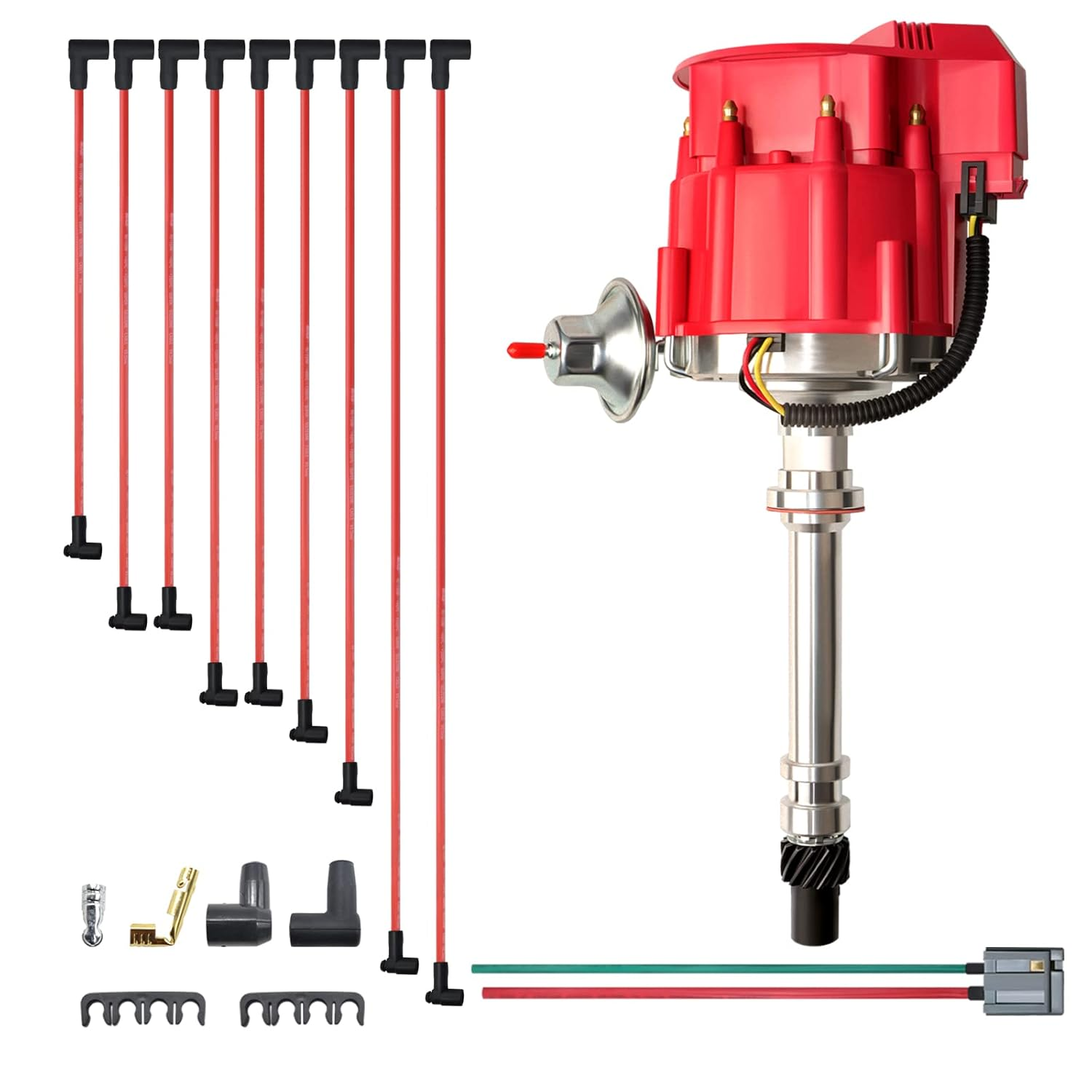 MAS Racing HEI Distributor&Spark Plug Wires & Free Pigtail Wire Harness Combo Kit Red Cap Replacement for Chevy 283 302 307 327 350 396 400 402 427 454 Gm SBC BBC 65K Coil 7500RPM Chevrolet C10 GMC V8 image number 1