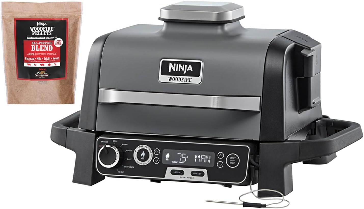 Ninja Woodfire Pro Outdoor Grill with Smart Probe, Black/Cool Grey (OG751ANZ) + Ninja All-Purpose Blend Woodfire Pellets, 900G (4760L751ANZ)