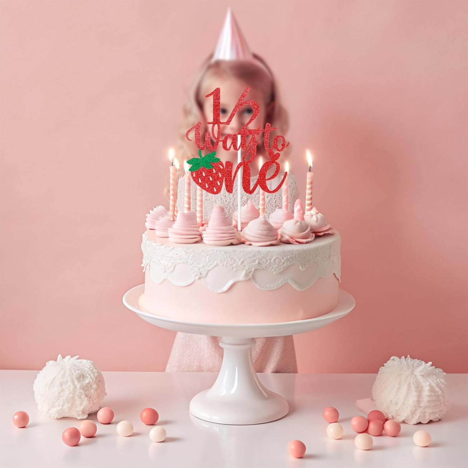 Strawberry Half Birthday Cake Topper, Berry Sweet 6 Months Celebration, Glitter Cake Pick, Happy Birthday Decorations