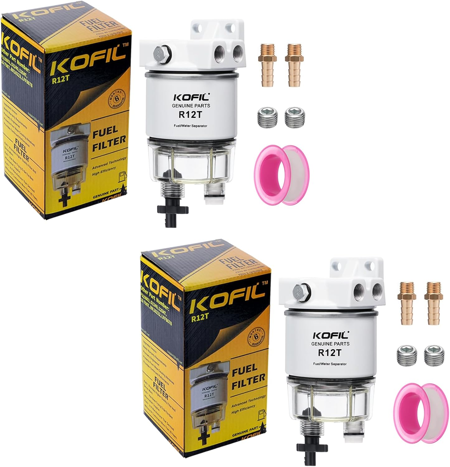 R12T Fuel Water Separator Marine Fuel Filter/Water Separator Assembly, for Outboard Motor Marine Engine, Replaces# S3240 120AT with 2 3/8" Barb &times; 1/4" NPT Male Fittings 2 Plugs,10 Micron