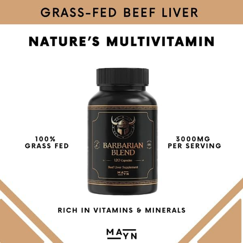 MAYN Barbarian Blend Grass-Fed Beef Liver Supplement Capsules &ndash; 100% Organic Desiccated Blend with Natural Iron, Vitamin B12 & a &ndash; Boosts Heart Health, Energy & Immunity &ndash; Non-Gmo, Gluten-Free, Freeze-Dried &ndash; 120 Capsules image number 2