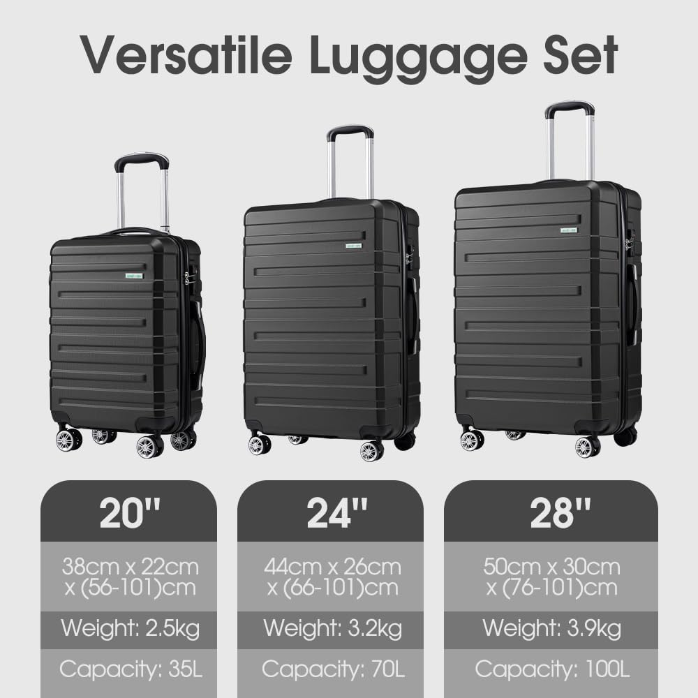 ZUNI 3 Piece Luggage Sets PC+ABS Durable Suitcase with Double Spinner Wheels T-SA Lock, Carry on Luggage for Travel, Business, 20/24/28 Inch, Black image number 4